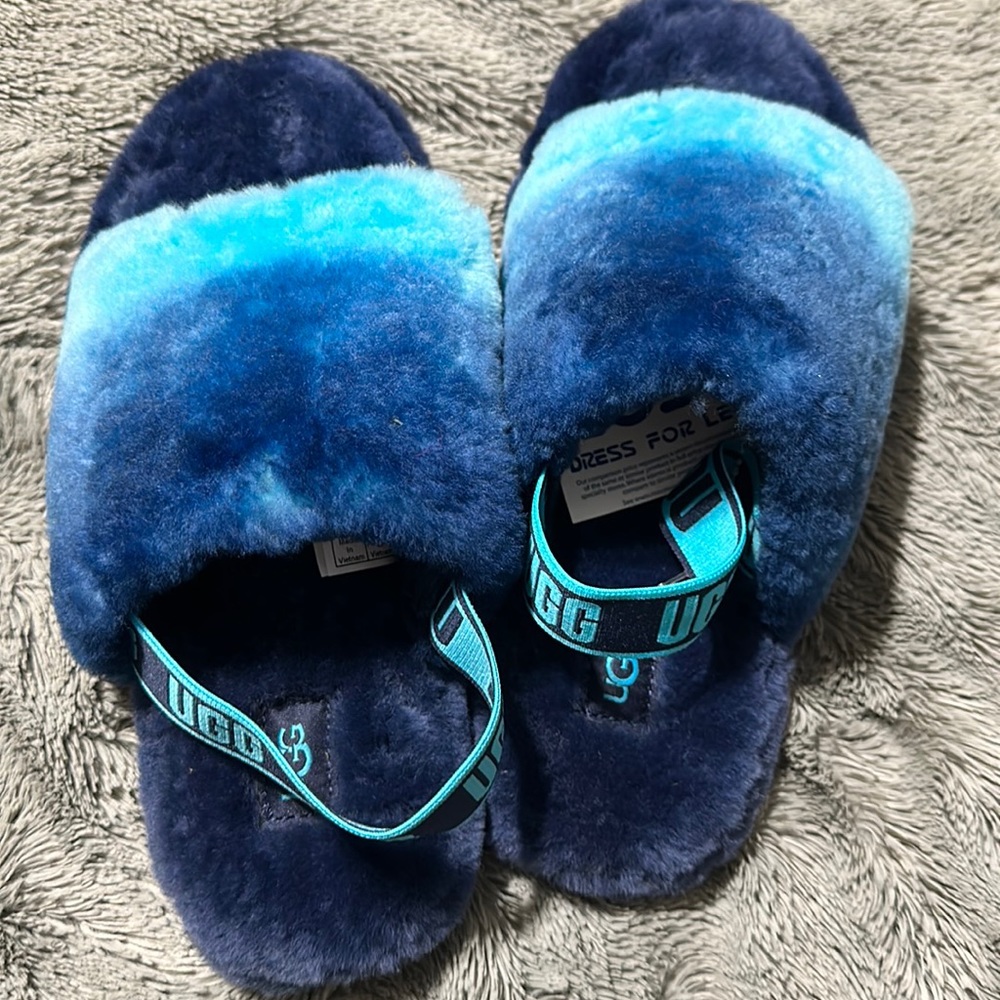 UGG Kids Blue Fluffy Slippers